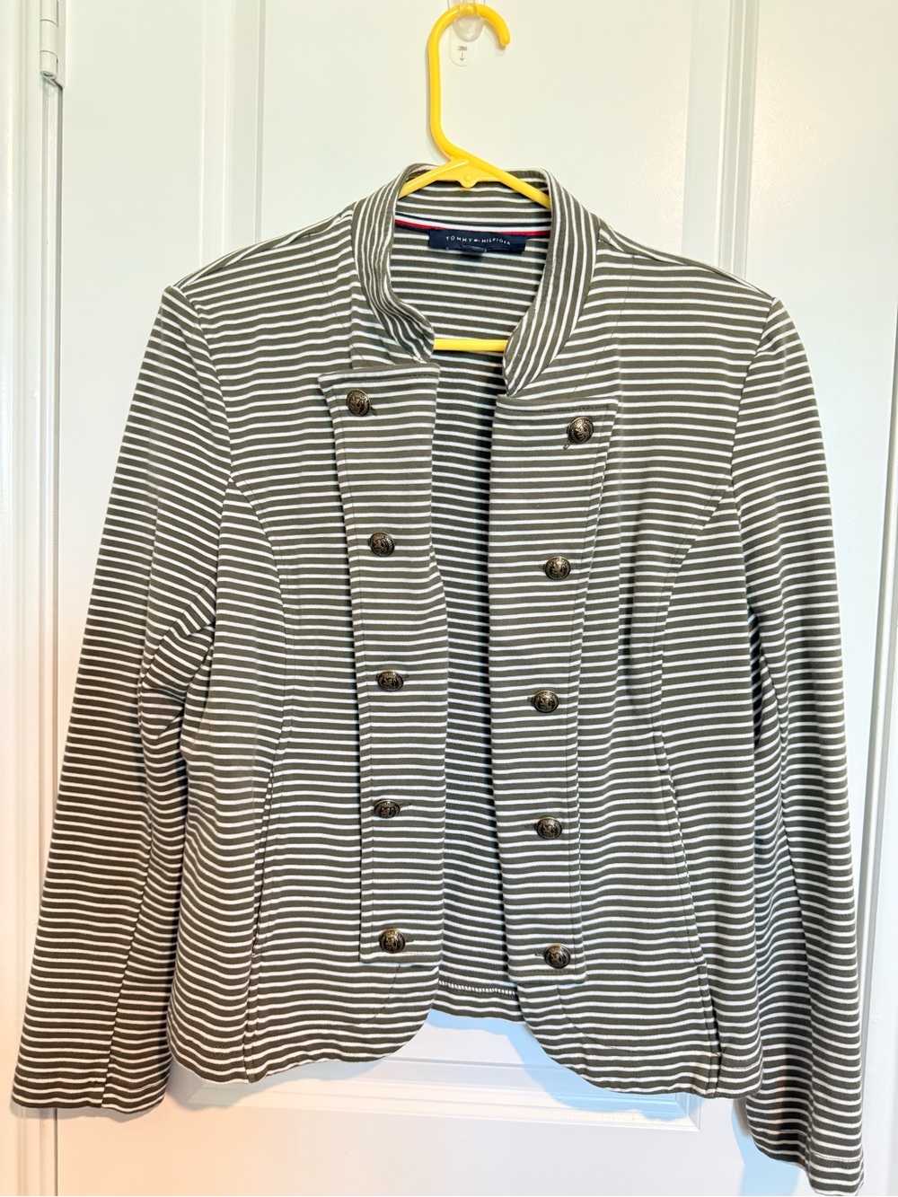 Tommy Hilfiger Women's Striped Military-Style Olive/white striped blazer size L